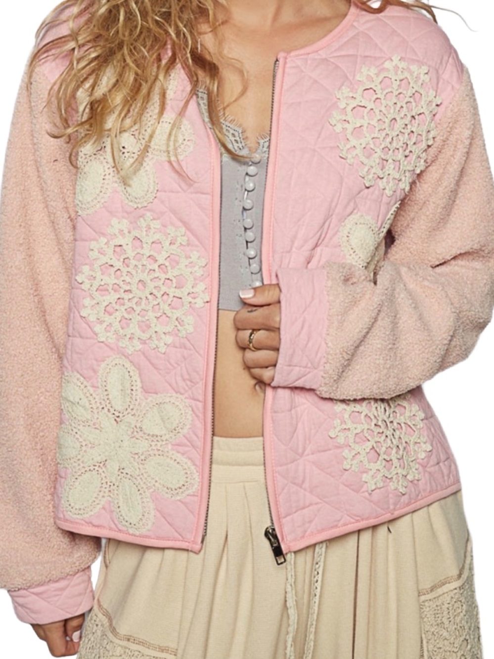POL Quilted Crochet Doily Zipper Jacket NWOT